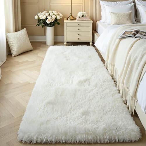 Ivory Cream Fluffy Shag Runner Rug, Washable Non Slip Plush Carpet by KICHOWUA