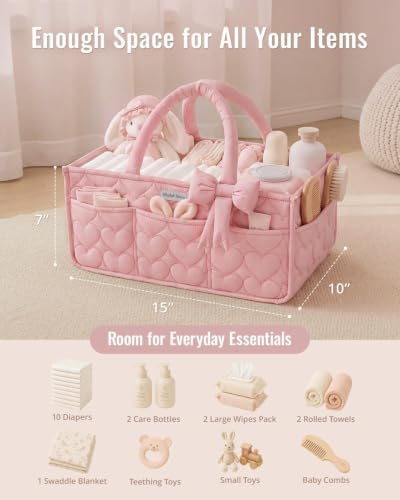 Blissful Diary Baby Diaper Caddy Organizer, Heart-Quilted, Light Pink - Image 4