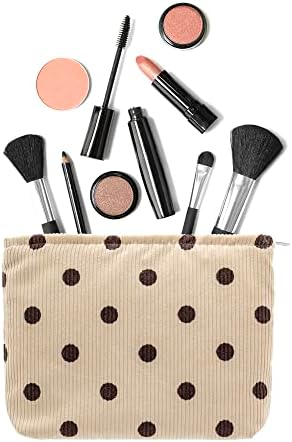 Flat Makeup Bag for Women, Zipper Cosmetic Pouch for Purse, Polka Dot Beige - Image 4