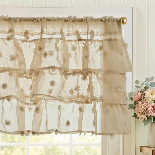jinchan Ruffled Kitchen Valance Pom-Pom Sheer 1 Panel 18 Inch Beige by JINCHAN