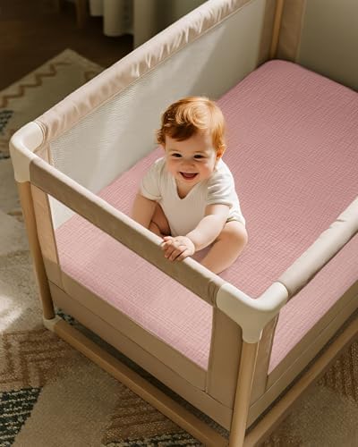 Unnivoll Muslin Pack and Play Sheets Fitted, 100% Cotton Mini Crib Sheets 2 Pack - Image 5
