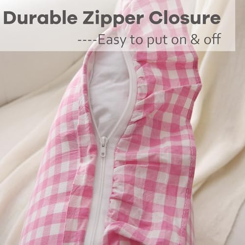 2 Pack Pink White Gingham Ruffle Throw Pillow Covers 18''x18'' - Image 4