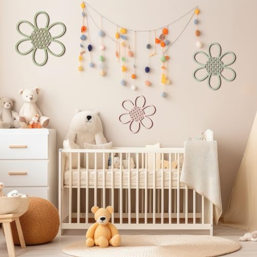 Maitys Boho Wall Decor Set of 3, Wood & Rattan Daisy Flower Wall Hanging Art - Image 5
