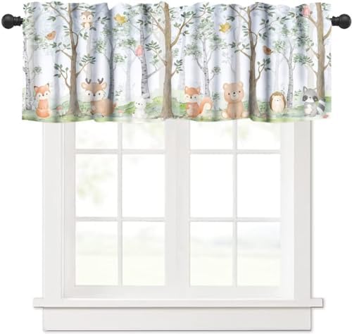 Forest Animal Valances Kids Curtains, Cute Watercolor Bear Deer Printed Rod by DDCBNS