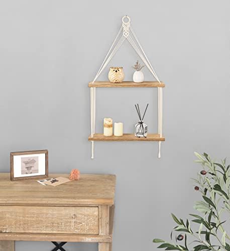 Mkono Macrame Hanging Shelf 2 Tier Boho Wall Room Decor - Image 7