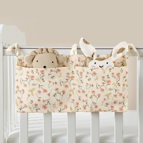 Baby Bedside Hanging Storage Bag Muslin Cotton Floral, Crib Diaper Caddy - Image 7