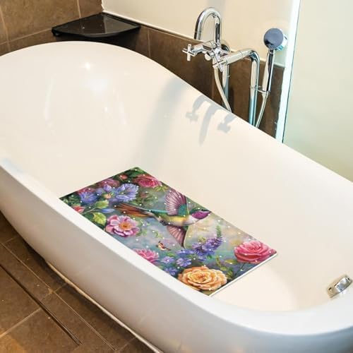 Bathtub Mat Non Slip 26.8x15.1 Inch, Hummingbird and Flower Shower Mat - Image 5