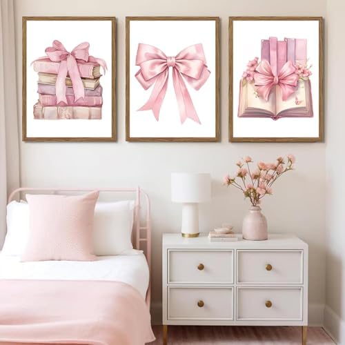 JBZDD Bow decor Art Set of 3, Book Lovers Gifts Preppy Decor Trendy Pink book - Image 4