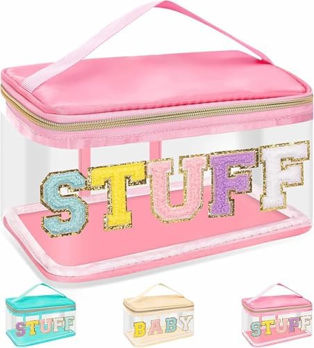 Chenille Letter Clear Makeup Bags Stuff Pouch, Preppy Patch Makeup Bag Zipper by izuzta