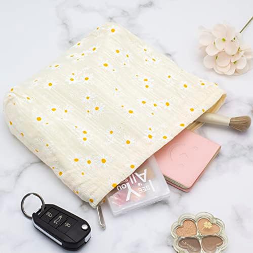 Flat Makeup Bag for Women, Zipper Cosmetic Pouch for Purse, Daisy Beige - Image 5