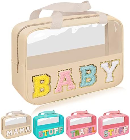 Iqimott Chenille Letter Patch Baby Bag, Preppy Clear Makeup Cosmetic Bag Large by Iqimott