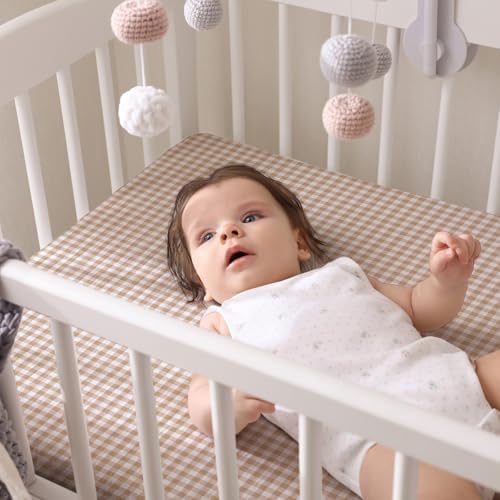 Breling 2 Pcs Muslin Khaki and Khaki Gingham Crib Sheets Netural - Image 5