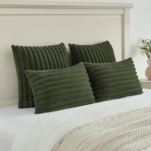 FUTEI Pack of 2 Faux Fur Throw Pillow Covers 22x22 Inch, Olive Green - Image 5