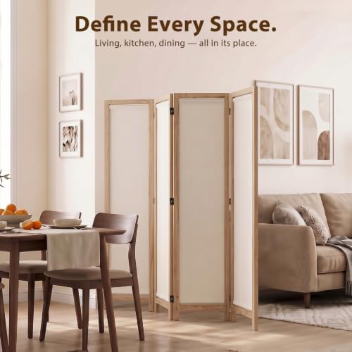 Wood Room Divider Panel with Linen Fabric, Boho Folding Privacy Screen 67" - Image 5
