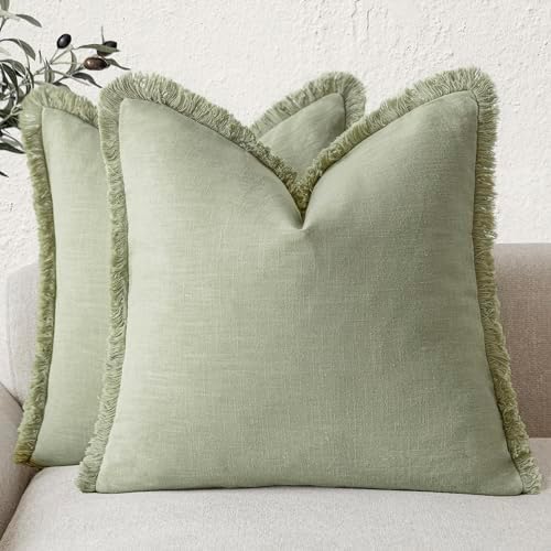 Foindtower Decorative Linen Fringe Throw Pillow Covers 26×26 Light Green by Foindtower