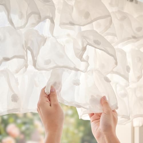jinchan Ruffled Kitchen Valance Pom-Pom Sheer 1 Panel 18 Inch White - Image 6