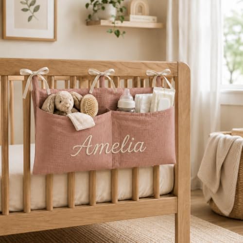 Personalized Hanging Crib Organizer Cotton Muslin Diaper Caddy - Image 2