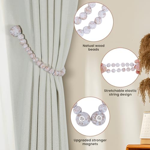 KLOGTSIND Magnetic Curtain Tiebacks, 2 Pack Wood Bead Curtain Holdbacks - Image 5