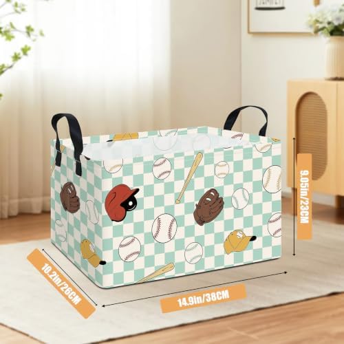Rectangular Collapsible Storage Basket Toy Organizer Green Grid Baseball - Image 2