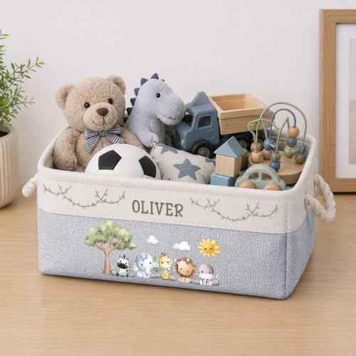 Macorner Personalized Safari Jungle Animals Storage Basket, Custom Kids Name by Macorner