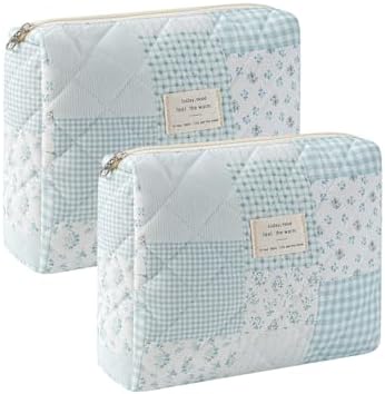 uekeboag Quilted Cotton Makeup Bag 2Pcs Coquette Cosmetic Bag, Large Soft by uekeboag