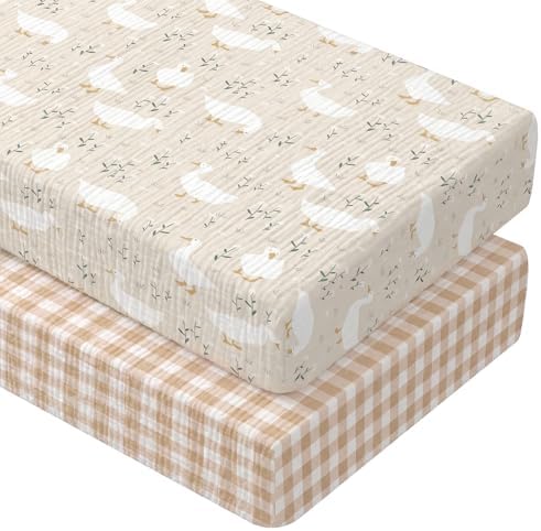 Breling 2 Pcs Muslin Silly Goose and Khaki Gingham Crib Sheets by Breling