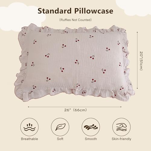 BuLuTu Muslin Cotton Ruffled Pillowcase Standard 20"x26", Cherry Print - Image 2