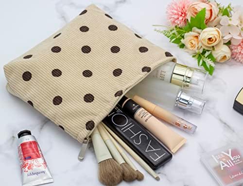 Flat Makeup Bag for Women, Zipper Cosmetic Pouch for Purse, Polka Dot Beige - Image 5