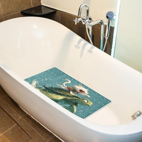 Shower Mat Non Slip 26.8 x 15.1 Inches, Cat Riding Turtle Bathtub Mat Shower - Image 3