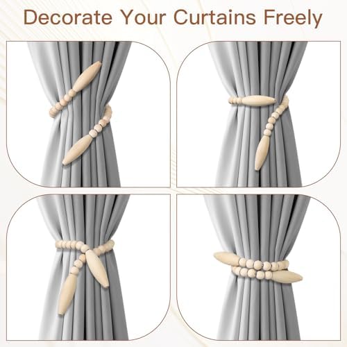 Wood Bead Curtain Tiebacks 2 Pack, No Drill Curtain Holdbacks - Image 4