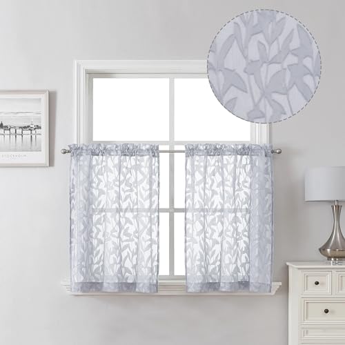Lecloud Leia Light Grey Kitchen Sheer Curtains 24 Inch Length 2 Pcs, Jacquard by Lecloud