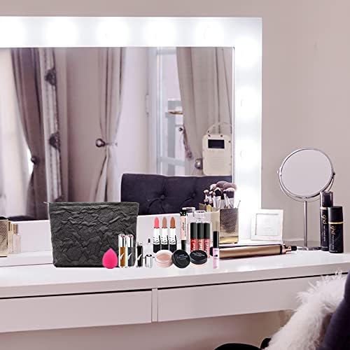 Flat Makeup Bag for Women, Zipper Cosmetic Pouch for Purse, Flower Black - Image 6