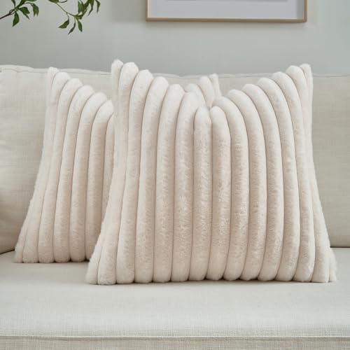 FUTEI Pack of 2 Faux Fur Throw Pillow Covers 22x22 Inch, Light Beige by FUTEI