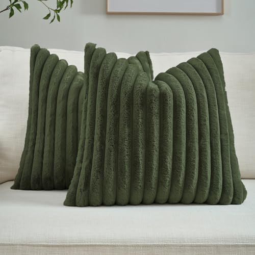 FUTEI Pack of 2 Faux Fur Throw Pillow Covers 22x22 Inch, Olive Green by FUTEI
