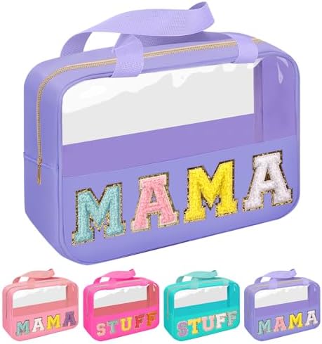 Chenille Letter Patch Mama Bag, Preppy Clear Makeup Cosmetic Bag Large Toiletry by Iqimott