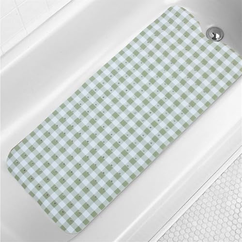 Green Bathtub Mat Non Slip 40x16 Inch Extra Long Bath Mat, Checkered Modern Art by Denifeiya