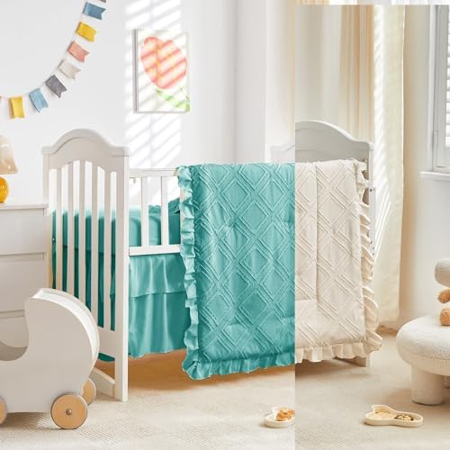 Mini Crib Bedding Set 3 Pieces Baby Boho Quilted Tufted Ruffles Comforter by Uozzi+Bedding