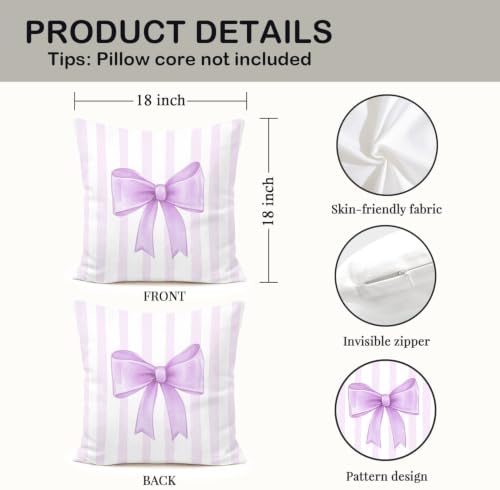 Lavender Bow Decorative Throw Pillow 18x18 Inch – Cute Blush Pink Striped - Image 2