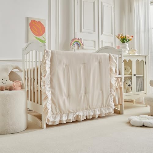 Lace Ruffle Crib Bedding Set 3 Pieces Baby Boho Lace Quilted Comforter - Image 3