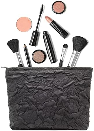 Flat Makeup Bag for Women, Zipper Cosmetic Pouch for Purse, Flower Black - Image 4