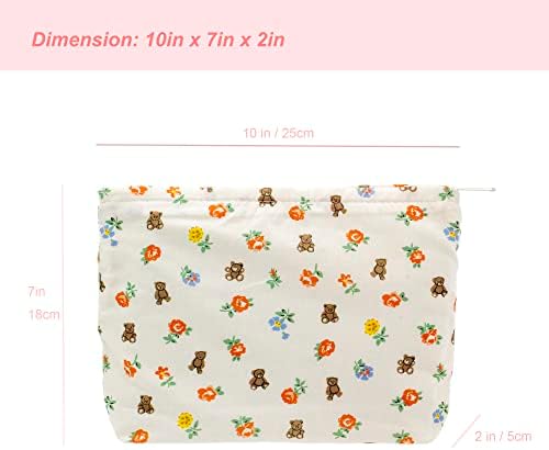 Flat Makeup Bag for Women, Zipper Cosmetic Pouch for Purse, Flower Bear White - Image 5