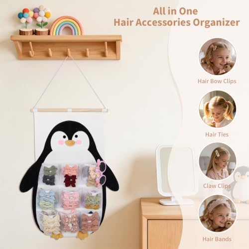 Penguin Hair Bow Organizer for Girls, 9 Mesh Pockets w/Ribbons - Image 4