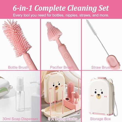 Pink Travel Baby Bottle Cleaner Kit – 6-in-1 Portable Brush Set - Image 3
