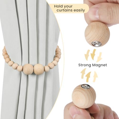 KLOGTSIND Magnetic Curtain Tiebacks, 4 Pack Wood Bead Curtain Holdbacks - Image 2