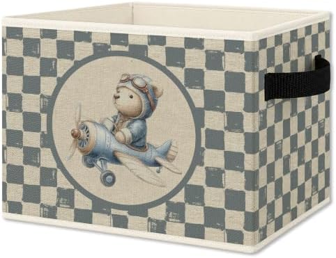 Vintage Blue Checkered Pilot Teddy Bear Foldable Storage Box by Unknown