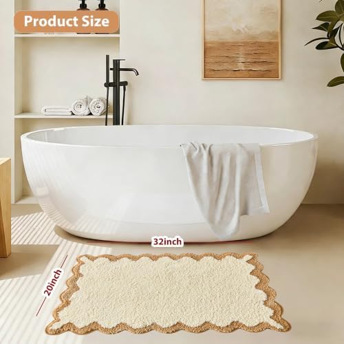 ORTIGIA Cute Beige Scalloped Bath Mat, Quick Dry Bath Rug Absorbent Soft Plush - Image 2