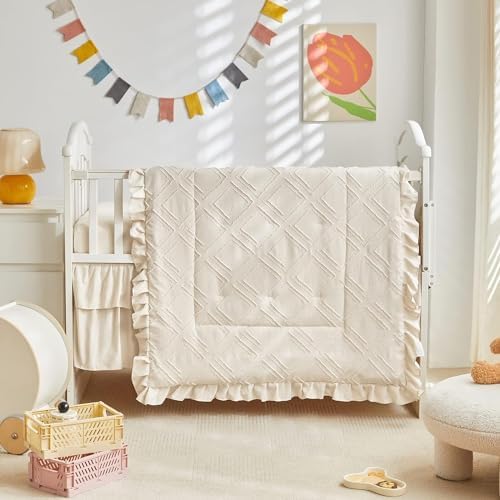 Mini Crib Bedding Set 3 Pieces Baby Boho Quilted Tufted Ruffles Comforter - Image 3