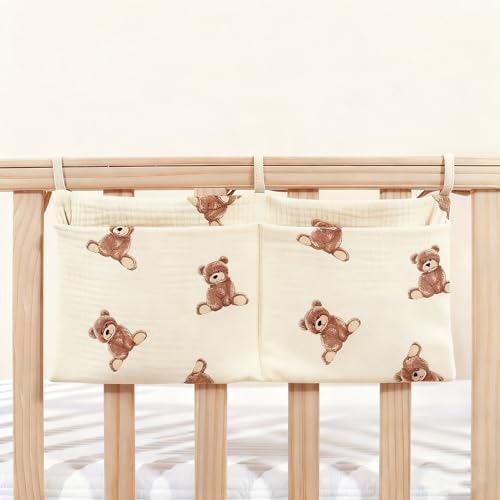 Baby Bedside Hanging Storage Bag Muslin Cotton Teddy Bear, Crib Diaper Caddy - Image 2