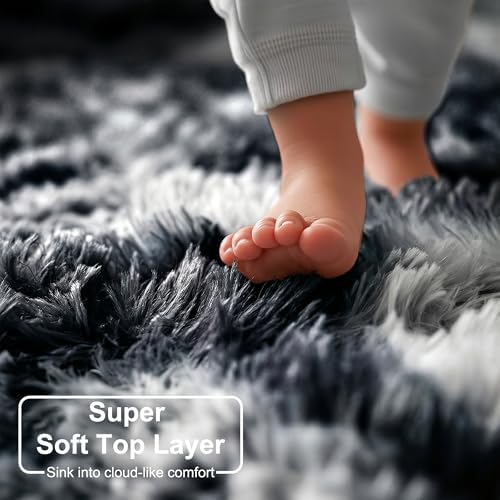 Amdrebio Black White Grey Large Furry Rug 9x12 - Image 2