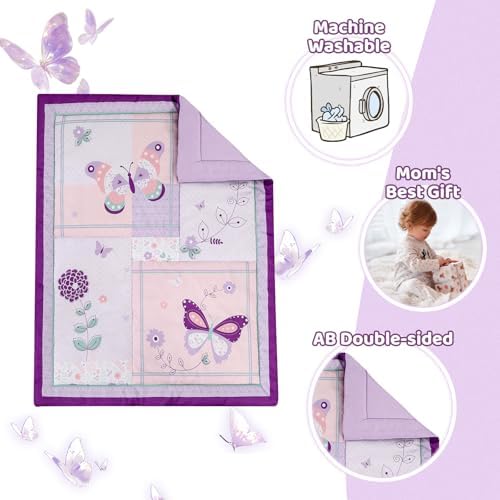 Mini Crib Bedding Set for Girls, 3 Pieces Floral Butterfly Baby Girl Bedding Set - Image 6